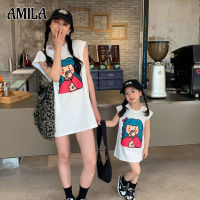 เสื้อผ้าพ่อแม่-เด็กแนวสตรีท AMILA ชุดแม่และลูกสาวแขนกุดกระโปรงเสื้อยืดลายการ์ตูนสำหรับผ้าฝ้ายบริสุทธิ์