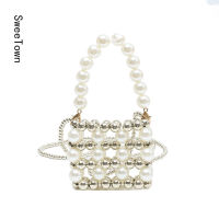 Sweetown Women Silver Color Pearl Bag Niche Design Beaded Bag Retro Shoulder Hand-woven Bag Pearl Chain Handle Handbag