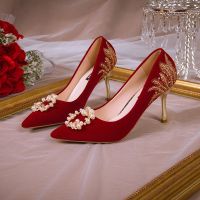 Chinese style happy character XiuHe wedding shoes 2023 new pointed diamond red main bride wedding dress shoe heels for womens shoes