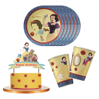 Snow White Birthday Party ชุดถ้วยจานผ้ากันเปื้อนผ้าปูโต๊ะเค้ก Topper บอลลูน Tableware Baby Shower Supplies