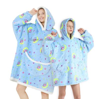 Mother Kids Matching Pajamas Unicorn Girls Sleepwear Winter Warm Polar Fleece Oversized Hoodies Blanket Sherpa Homewear