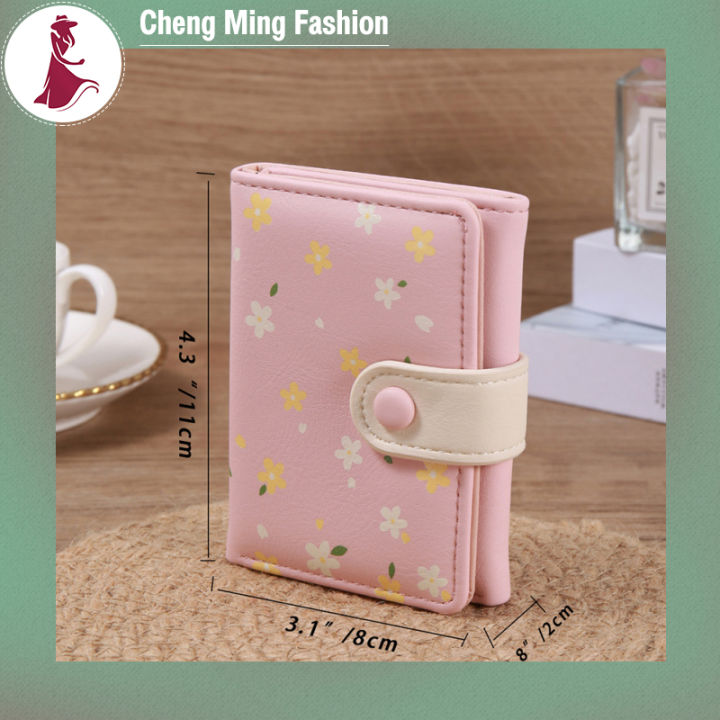 cheng-ming-กระเป๋าสตางค์ใบสั้นน่ารักสำหรับการพิมพ์ดอกไม้เด็กผู้หญิงมัลติฟังก์ชั่นพับสามทบกระเป๋าเก็บบัตร-dompet-koin