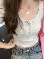 ☃♣¤ French style U-neck slim shoulders short-sleeved small tight-fitting American hot girl short collarbone t-shirt womens gray top summer