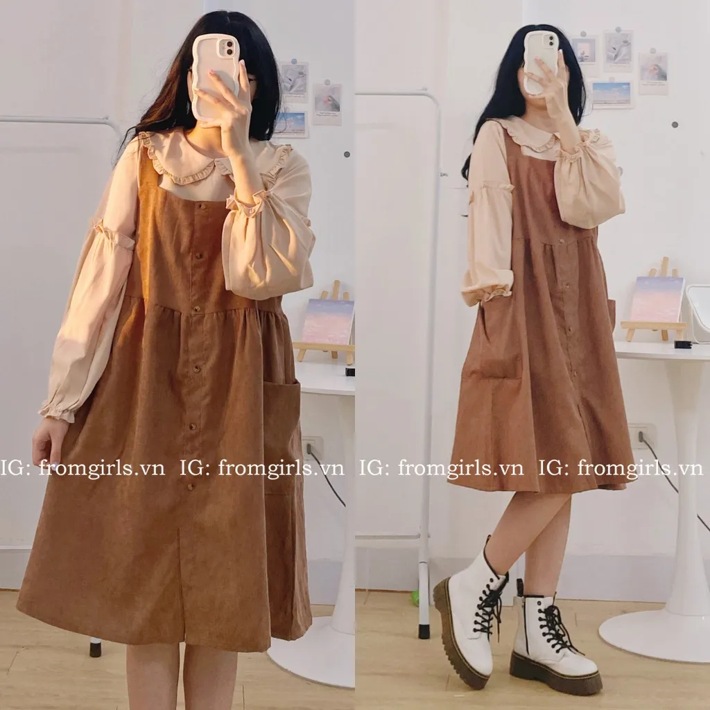 Set Áo Sơ Mi  Váy Babydoll Yếm Nhung tăm Nâu Be Ulzzang  hình thật sẵn