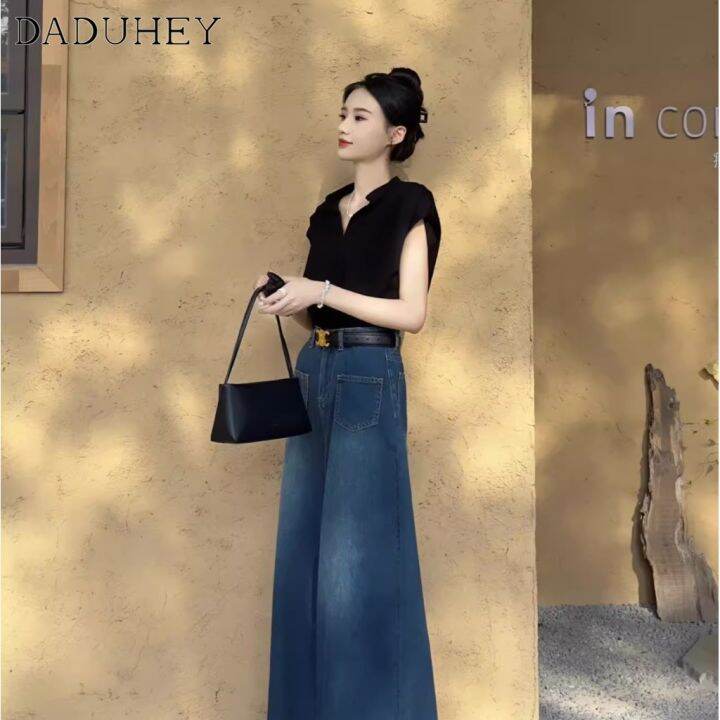 daduhey-womens-korean-style-new-summer-retro-washed-out-jeans-high-waist-wide-leg-loose-dropping-casual-mop-pants