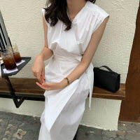 เกาหลี NUOVPAUL2023 ฤดูร้อน V-Neck Cross One Piece ด้านข้าง Strappy เอว Outside แสดงผอมแขนกุด Dress