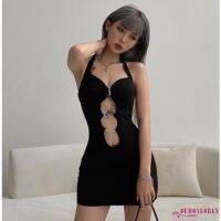 Demonlores-ผู้หญิง Bodycon Cut Out Dress สีดําสีทึบเชือกแขวนคอเปิดหลังชุดเดรสแขนกุด