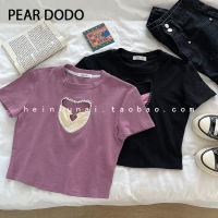 PEAR DODO เสื้อยืดสั้นแขนสั้นสำหรับผู้หญิงลายหัวใจแบบเกาหลี