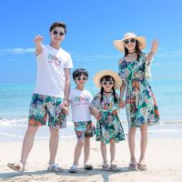 Family Matching Outfits 2022 Summer Beach Mother Daughter Off -shoulder Dresses Dad Son T-shirt &amp; Shorts Couple Outfit Seaside