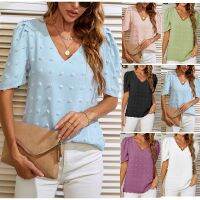 [COD] Cross-border European and foreign trade womens 2022 summer new V-neck puff sleeve short-sleeved chiffon wool ball top