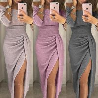 ✳ Women 39;s Off Shoulder Long Sleeve Bodycon Evening Party Long Dress Asymmetrical Split Pencil Dresses S M L XL XXL