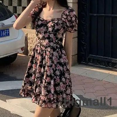 BIGMALL-Women´s Summer Dress, Puff Short Sleeve Square Neck High Waist A-Line Mini Sweet Dresses