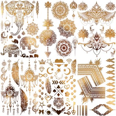 hot！【DT】♕  Gold Elephant Temporary Tattoos Adults Feather Fake Sticker Chest Transfer Tatoos