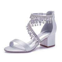 Satin Rhinestones Chunky Heel Wedding Sandals Open Toe Women Block Heels Bridal Shoes Prom Evening Party Heeled Sandal