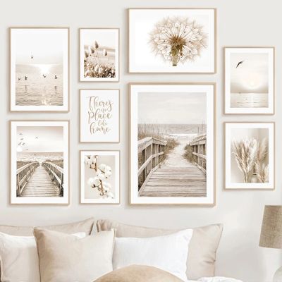 Beige Flower Grass Scenery Picture Canvas Painting Wall Art Dandelion Reed Beach Landscape Poster and Print Modern Home Decor Wall Décor