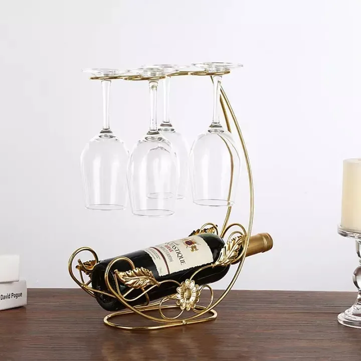 Tabletop Wine Rack Stemware Holder Holds 1 Bottle and 4 Glasses