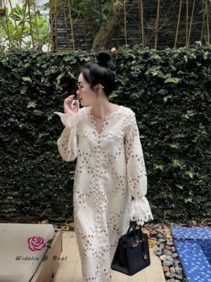 P010-145 PIMNADACLOSET - V Neck Long Puff Sleeve Front Button Woven Corded Lace Maxi Dress