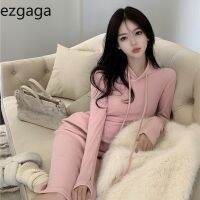 Ezgaga Casual Hooded Dress Women Winter Spring New Arrival Elegant Drawstring Solid Long Sleeve Wrap Hip Dresses Fashion