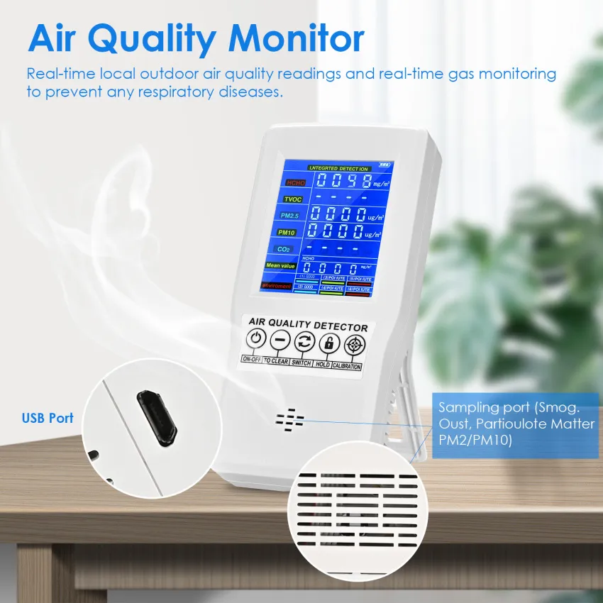 Indoor Air Quality Monitor Accurate Tester for Formaldehyde HCHO TVOC PM2.5  CO2 CO Multifunctional Air Gas Detector Real Time Data&Mean Value