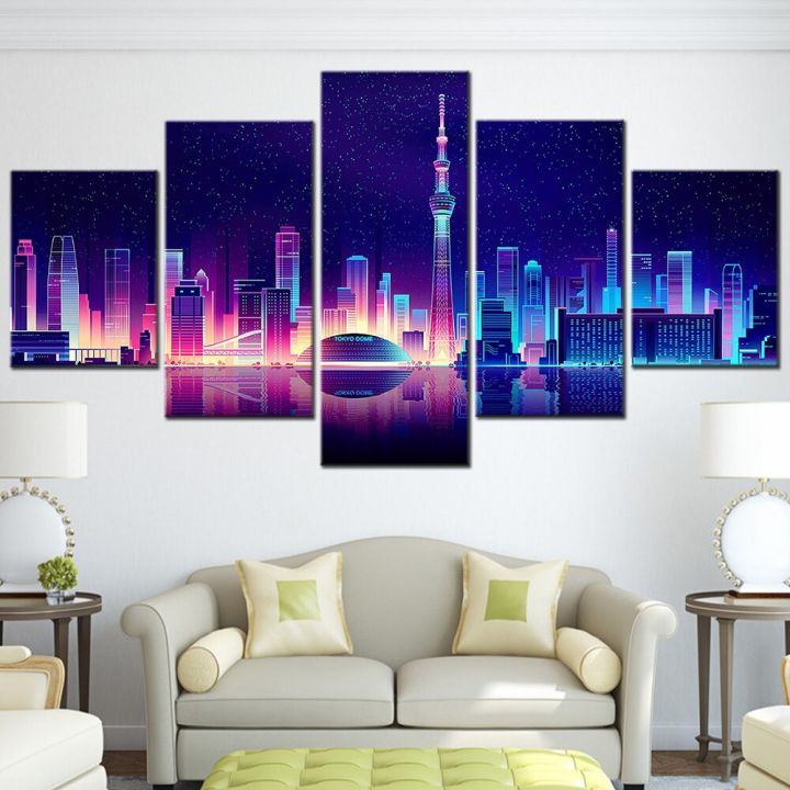 zhangyanhui2บทคัดย่อ-tokyo-tower-city-nights-scenery-โปสเตอร์แผงพิมพ์ภาพวาดผ้าใบ-aesthetic-room-decor-ภาพตกแต่งบ้าน5ชิ้น