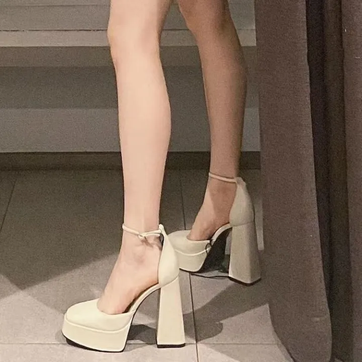 qiaoyiluo-รองเท้าส้นสูงสตรีสไตล์ฝรั่งเศสส้นหนาสตรีหัวเหลี่ยมย้อนยุคแมรี่เจนรองเท้าแพลตฟอร์มส้นสูง