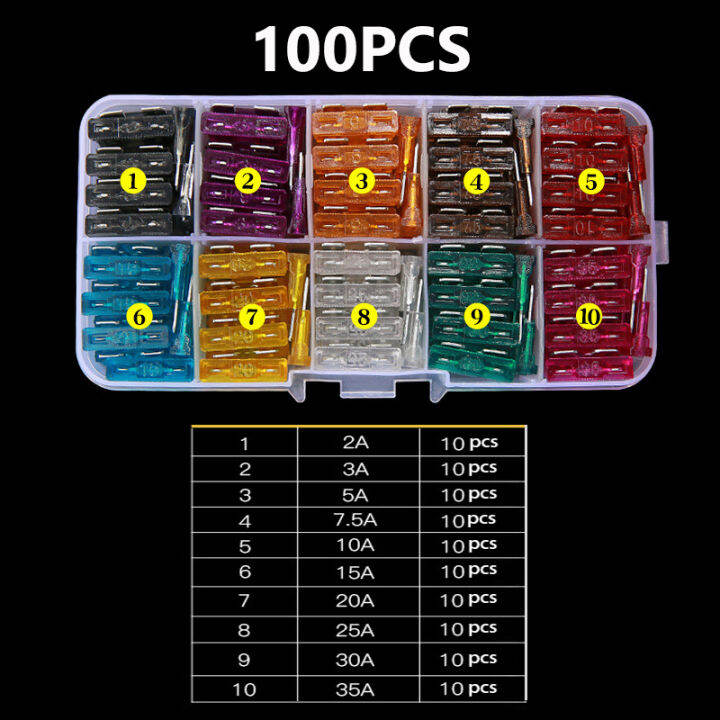 100-50ps-2-5-3-5-7-5-10-15-20-25-30-35a-ฟิวส์รถใบมีดฟิวส์การแบ่งประเภทคละชุดมินิอัตโนมัติรถบรรทุกยานยนต์ฟิวส์-tutue-store