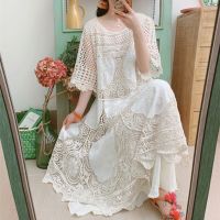 jkk Mori Sleeve Hollow Crochet Embroidery Medium Length Loose Waist Vestido