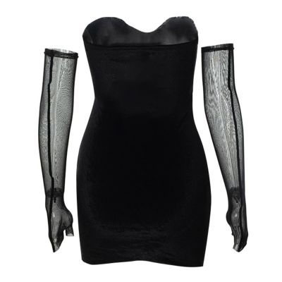สตรีเซ็กซี่ที่ไม่มีสายหนัง Backless Gothic Velvet Black Bodycon Mini Dress พร้อมตาข่าย Oversleeve แขนกุด Club Party Dresses
