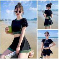 2 Pcs Swimming Suit Womens Skirt Split Sports Style Two-Piece Set Conservative Skinny Students Small Chest Gathering South Korea ins Swimming Dress