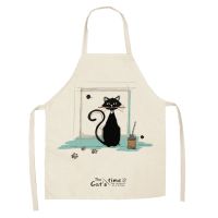 Cute Cat Pattern Kitchen Apron for Women Linen Bibs Household Cleaning Pinafore Home Cooking Aprons Waist Baking Barista Aprons