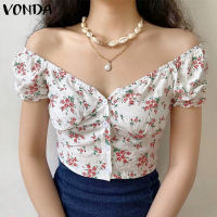 VONDA Women Summer Korean Short Sleeve Square Collar Button Up Floral y Crop Tops