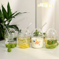 High Beauty Glass Cup Net Red Cute Cup Girl Bobo Cup Summer Transparent Cartoon Cup with Lid Straw Water Cup