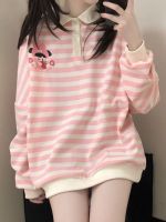 HOUZHOU Kawaii Pink Striped Sweatshirt Woman Japanese Cute Cartoon Print Autumn Winter Polo Collar Hoodies Soft Girl Pullover