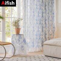 French Vintage Printed Tulle Curtains for Living Room Bedroom Romantic Ruffle Light Filtering Drapes Bay Window Custom Panel