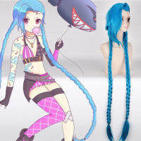 Jinx คอสเพลย์วิกผมหลวมปืนใหญ่สีฟ้าคู่ ids ชุดฮาโลวีนผมยาวผมหางม้าวิกผมบทบาทเล่นอุปกรณ์เสริม