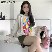 DUOHANZI เสื้อกันหนาวผู้หญิง,เสื้อกันหนาวออกแบบรอบคอหลุมทรงหลวมพิมพ์ลายสีผ้าฝ้าย