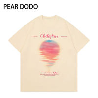 PEAR DODO เสื้อยืดแขนสั้นสำหรับผู้หญิงคอกลมพระอาทิตย์ตกอเมริกาแบบย้อนยุค