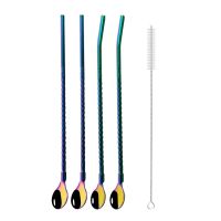 Rainbow Reusable Metal Straw Spoon Set with Cleaner Brush 304 Stainless Steel Drinking Straw Milk Drinkware Bar Party Accessory Specialty Glassware