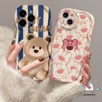 เคสสำหรับ Samsung A14 A13 A31 A23 A12 A11 A04 A04s A51 A21s A30s A20s A50 A50s A20 A32 A30 M12 A02s หยักขอบโค้ง A10s น่ารักมีลายหมีสตอเบอร์รี่ Lotso A03s ลายทางน่ารัก