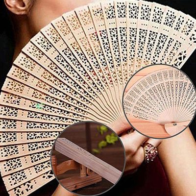 New Hand-made Antique Craft Fan Vintage Hollow Incense Wood Lady Folding Fan Chinese Style Wood Carving Printing Decoration Fan