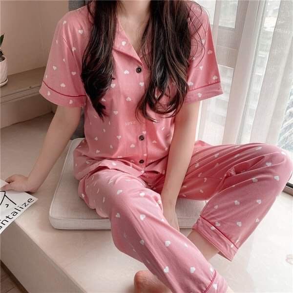 Korean High Quality Silk Pink Print Short Sleeve Pajama Set Sleepwear For  Women Pantulog