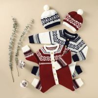 4 Colors Baby Winter Christmas Jacquard Rompers Infants Long Sleeve O-Neck Button-Up Romper+Hat With Fuzzy Ball Clothes Set