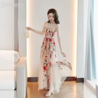 Floral dress womens mesh dress elegant fairy dress design sense niche neck dress V729