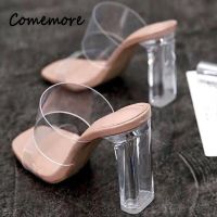 Comemore Summer Women Pumps Sandals PVC Slippers Open Toe High Heels Women Transparent Slides Shoes Clear Heel Female Slipper 34