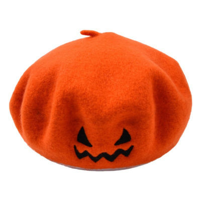 Warm Felt Hat Halloween Party Gift Embroidered Ghost Face Felt Hat Womens Wool Beret Pumpkin Beret Knitted Hat