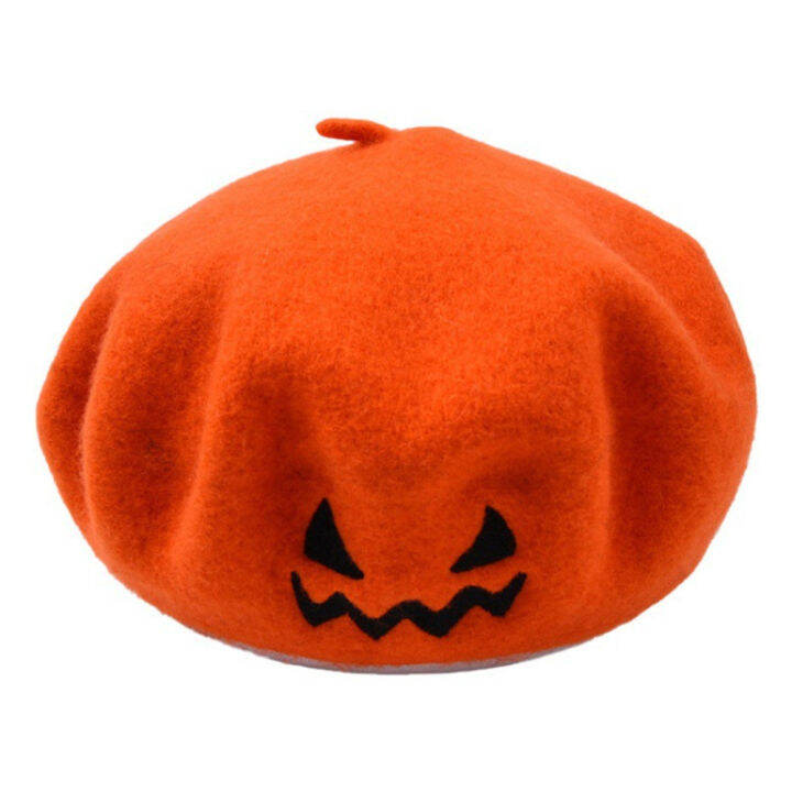 warm-felt-hat-halloween-party-gift-embroidered-ghost-face-felt-hat-womens-wool-beret-pumpkin-beret-knitted-hat