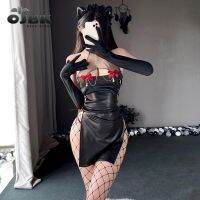 Paloli Women Sexy Backless Lingerie Leather Strap Design Black Tights Gold Chain Nipple Bow Bell Decoration New 2023 YYOJ097