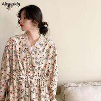 Dresses Women Long Sleeve V-Neck Printing Sweet Lovely Fashion Leisure Korean Style Elegant Loose Creativity Feminino Vestidos