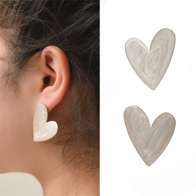 สีขาว Big Heart Stud ต่างหูสำหรับหญิงสาวเกาหลี Love Drop Glaze Aesthetic ชีวิตประจำวัน Minimalist เครื่องประดับเจาะ Ear