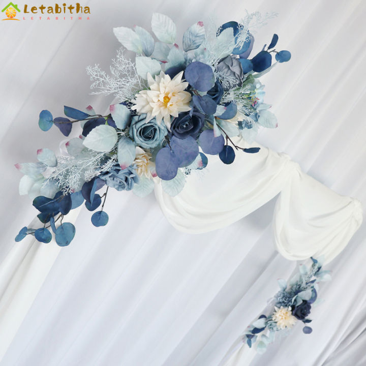 letabitha-ซุ้มแต่งงาน2ชิ้น-พวงมาลัยดอกไม้ดอกกุหลาบปลอมใบยูคาลิปตัสสำหรับตกแต่งงานแต่งงาน